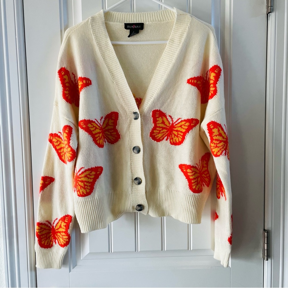 Runway 7 Cream Monarch Butterfly Oversized Boho Cottagecore Cardigan | Large